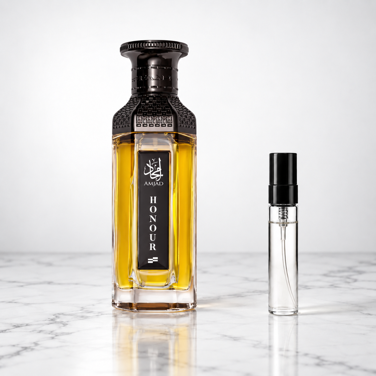 Amjad Honour by FAAN perfume bottle with sample decant on white marble