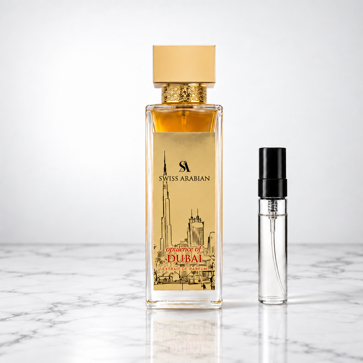 Opulence of Dubai by Swiss Arabian perfume bottle with a 5ml decant on white marble