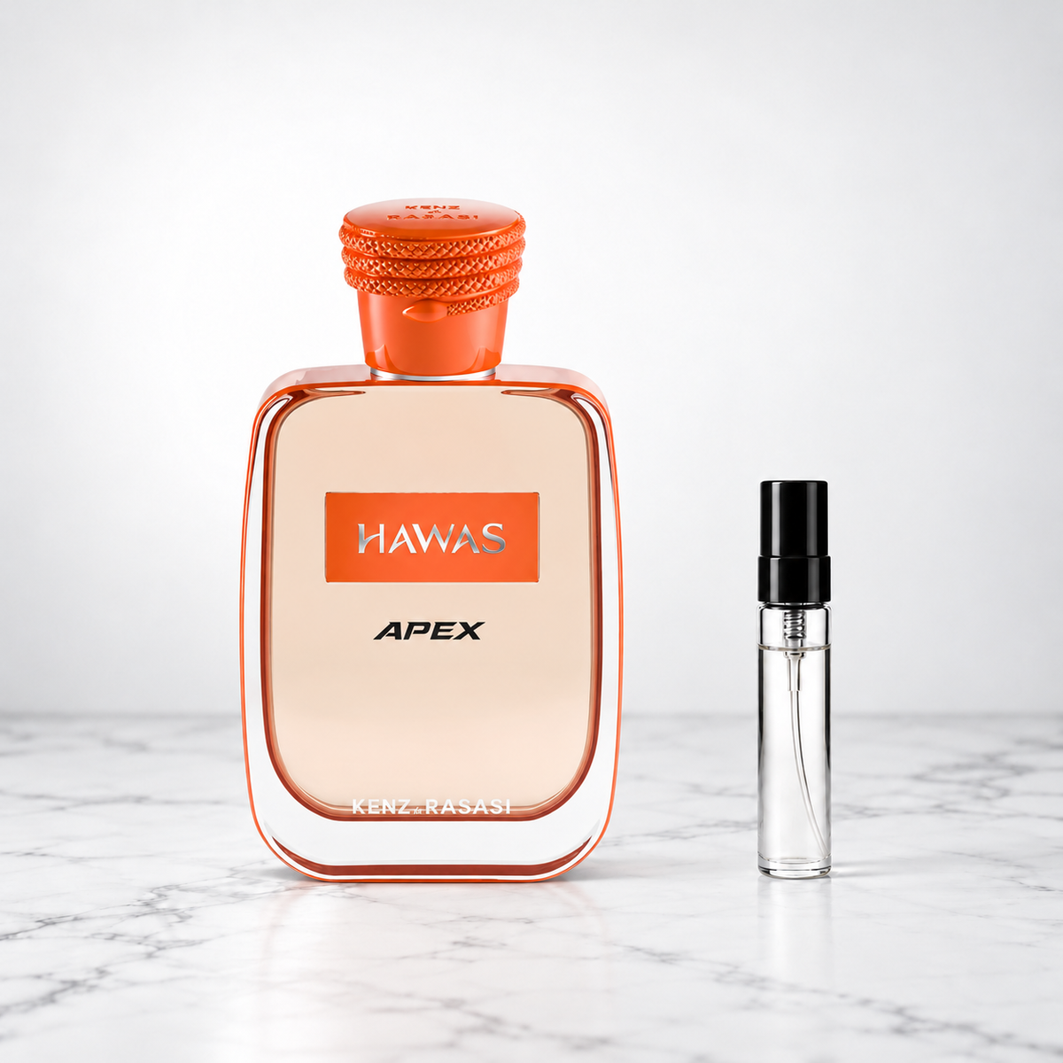 Hawas Apex by Rasasi perfume bottle beside a sample decant on white marble