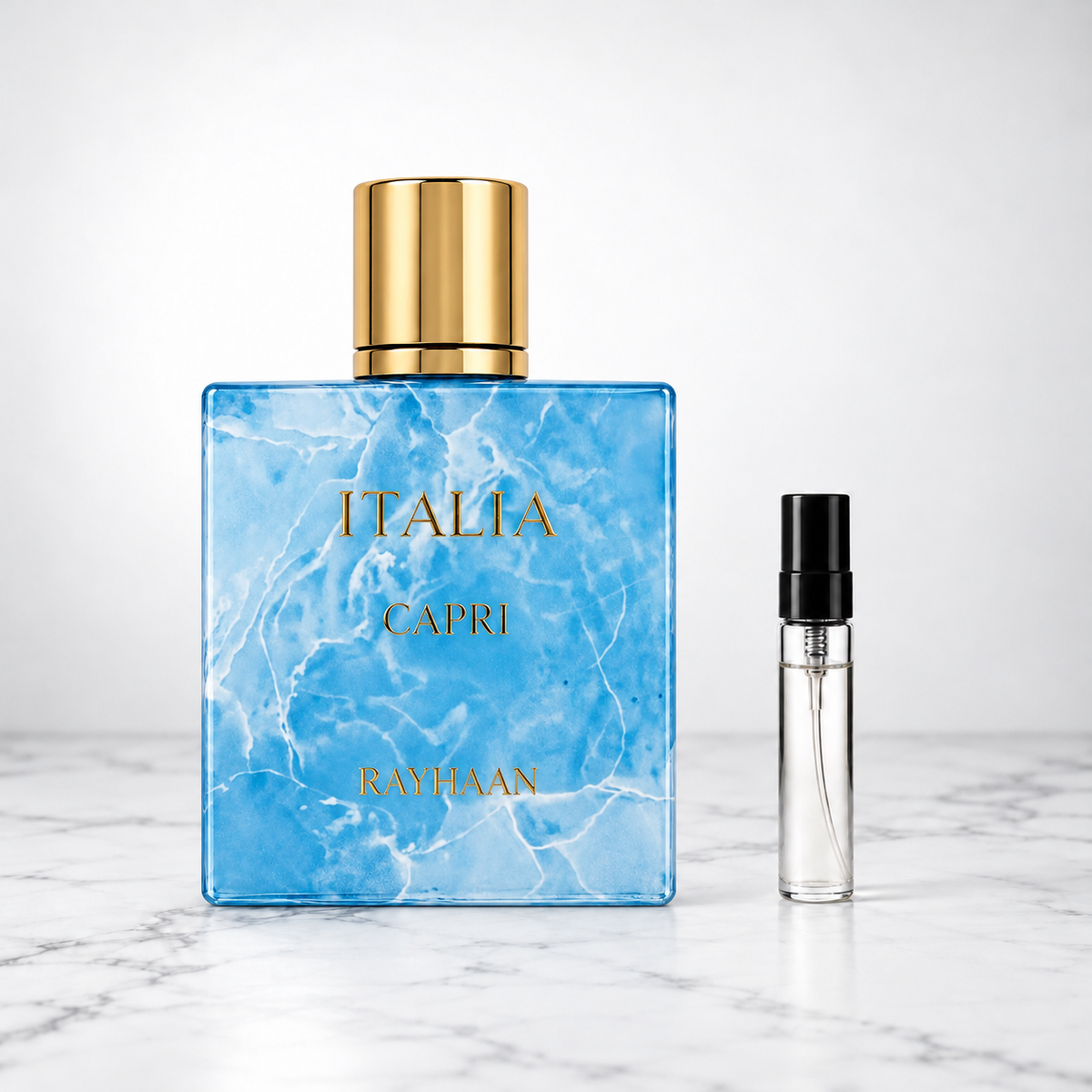 Italia Capri by Rayhaan perfume bottle beside a sample decant on white marble