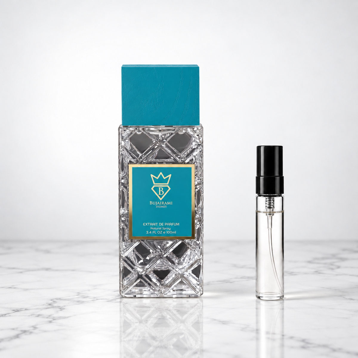 Eleganto by Bujairami perfume bottle with sample decant on white marble