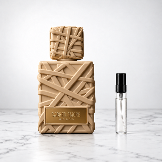 Sacred Smoke by French Avenue perfume bottle beside a sample decant on white marble