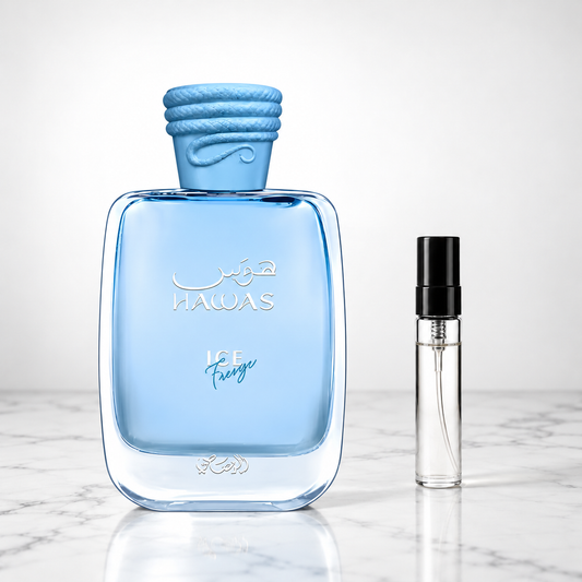 Hawas Ice Freeze by Rasasi perfume bottle with sample decant on white marble
