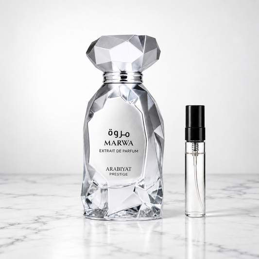 marwa extrait by Arabiyat Prestige with a 5ml decant on white marble
