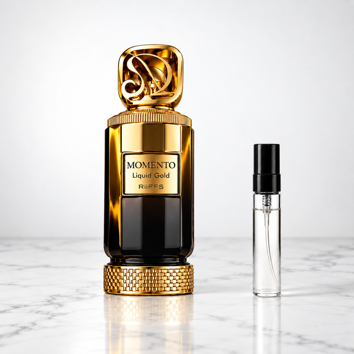 Momento Liquid Gold by Riiffs perfume bottle with sample decant on white marble