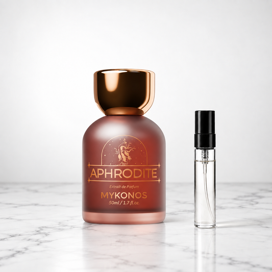 Aphrodite by Mykonos bottle beside a perfume sample decant on marble