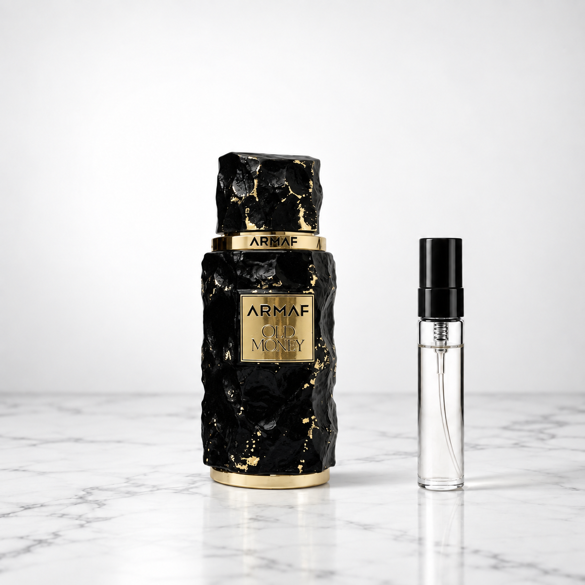 Old Money by Armaf bottle with perfume sample decant on marble