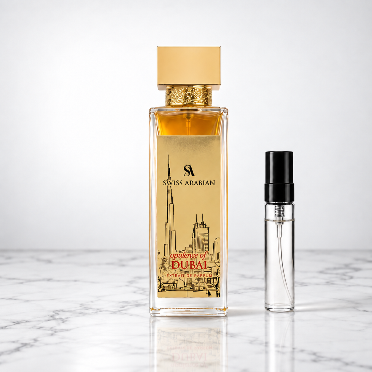 Opulence of Dubai by Swiss Arabian perfume bottle with a 5ml decant on white marble