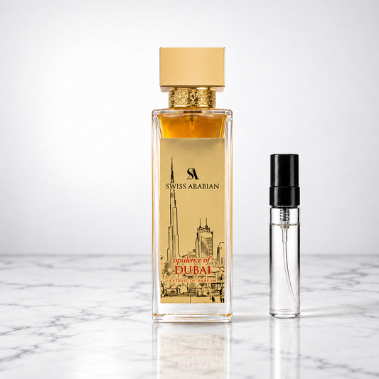 Opulence of Dubai by Swiss Arabian perfume bottle with a 5ml decant on white marble