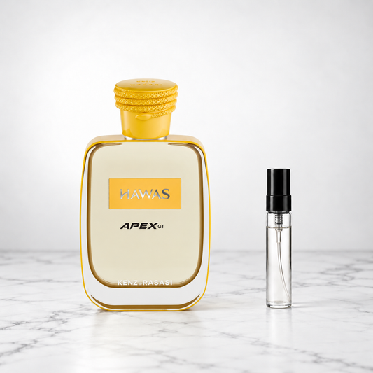 Hawas Apex GT by Rasasi perfume bottle beside a sample decant on white marble