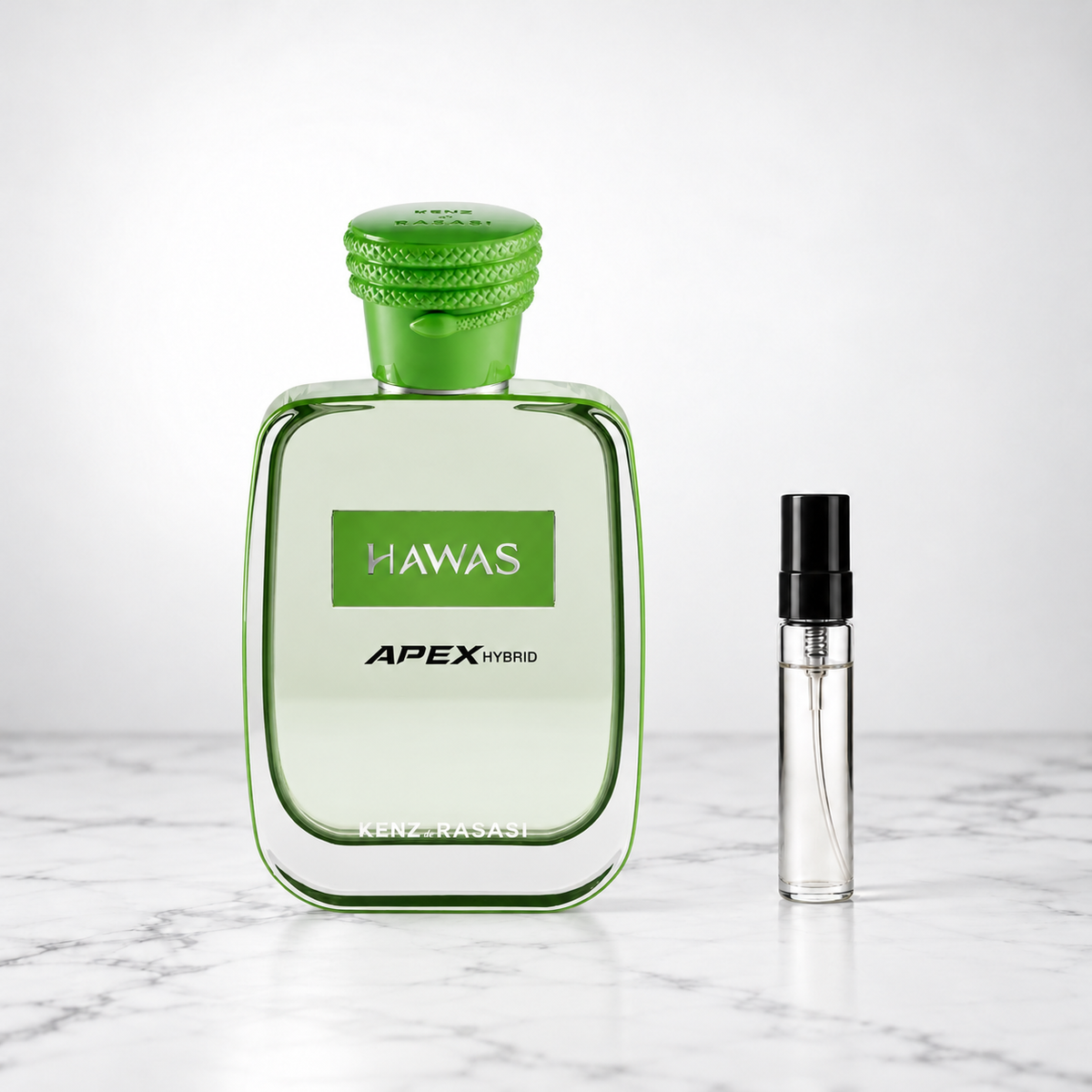 Hawas Apex Hybrid by Rasasi perfume bottle beside a sample decant on white marble