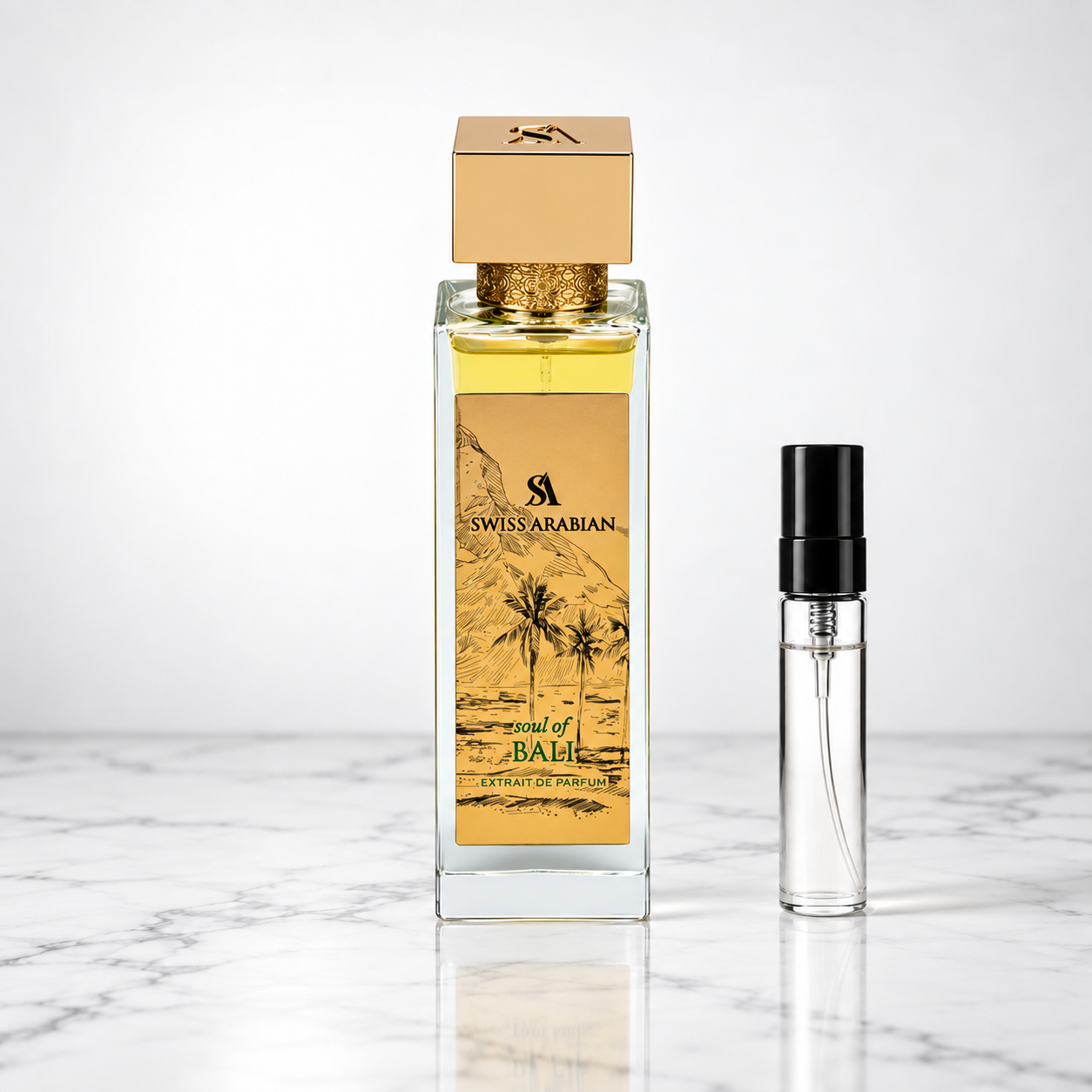 Soul of Bali by Swiss Arabian perfume bottle with a 5ml decant on white marble