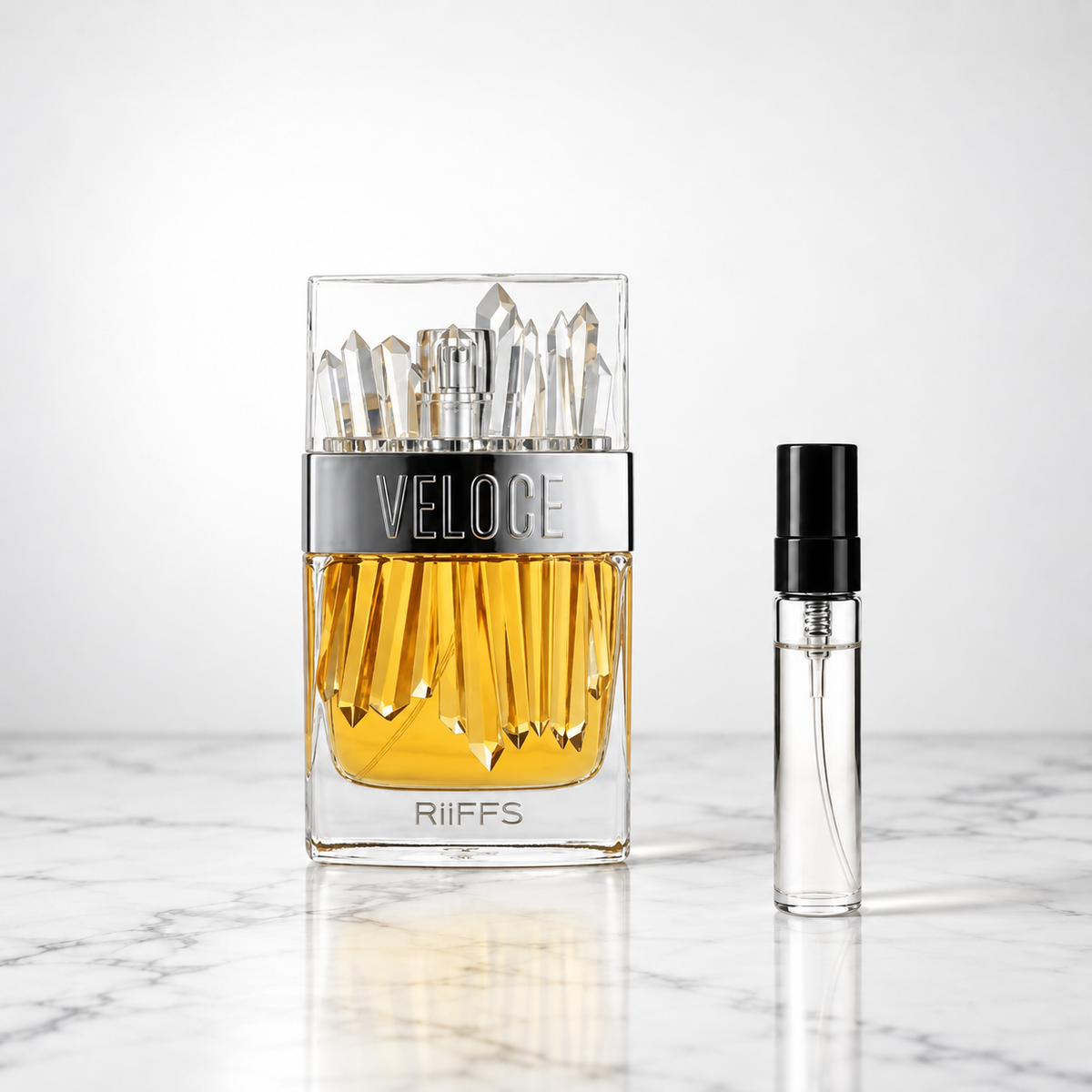 veloce perfume bottle with sample decant on marble
