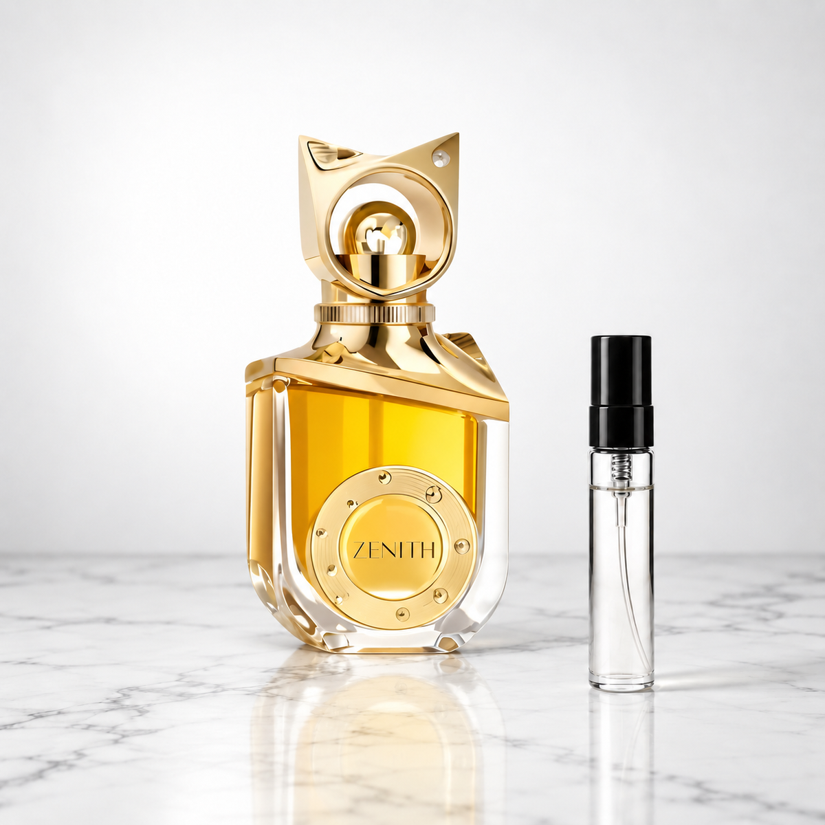 zenith perfume bottle beside a 5ml decant on white marble